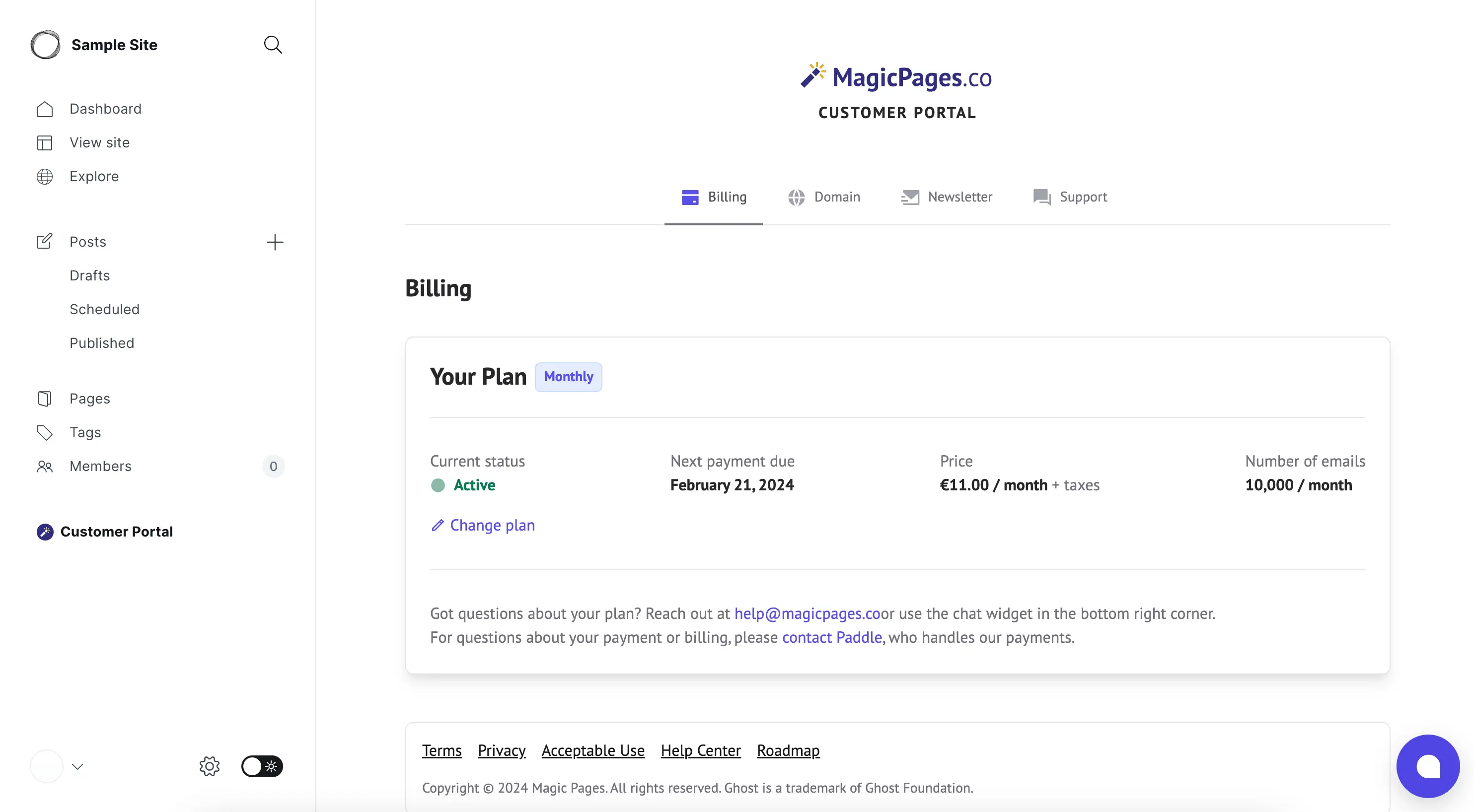 Magic Pages customer portal
