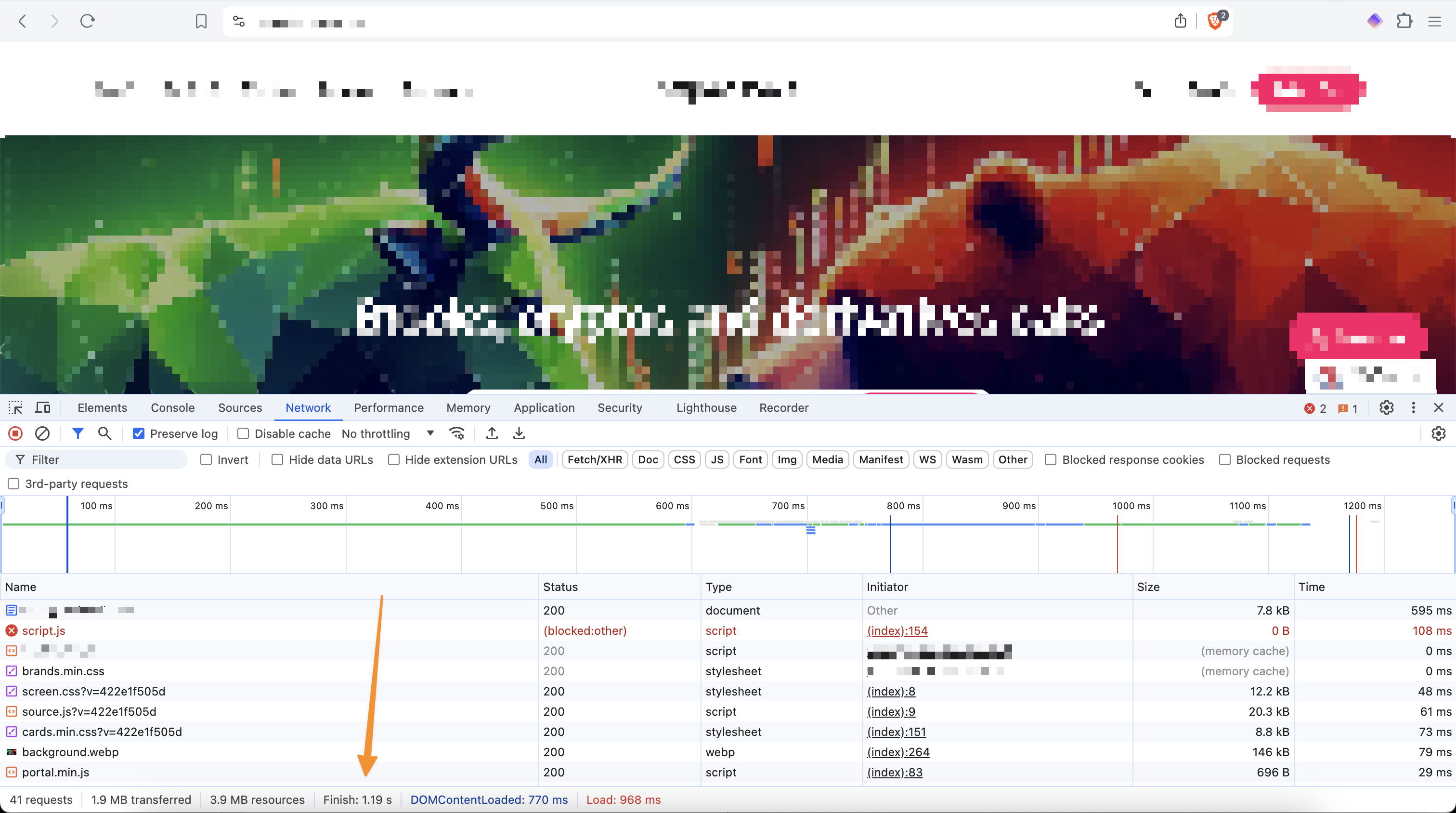 Screenshot of a blurred website with networking data visible, indicating a 1.19s load time and a 595ms first byte load time.