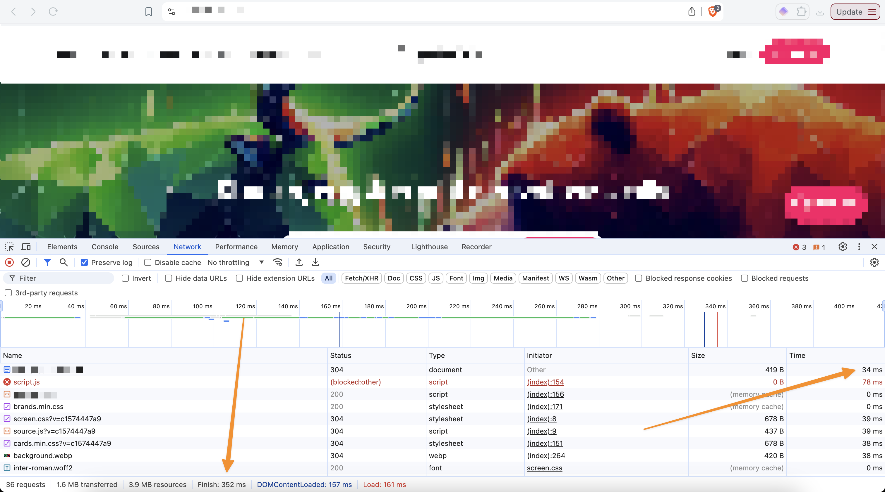 Screenshot of a blurred website with networking data visible, indicating a 352ms load time and a 34ms first byte load time.