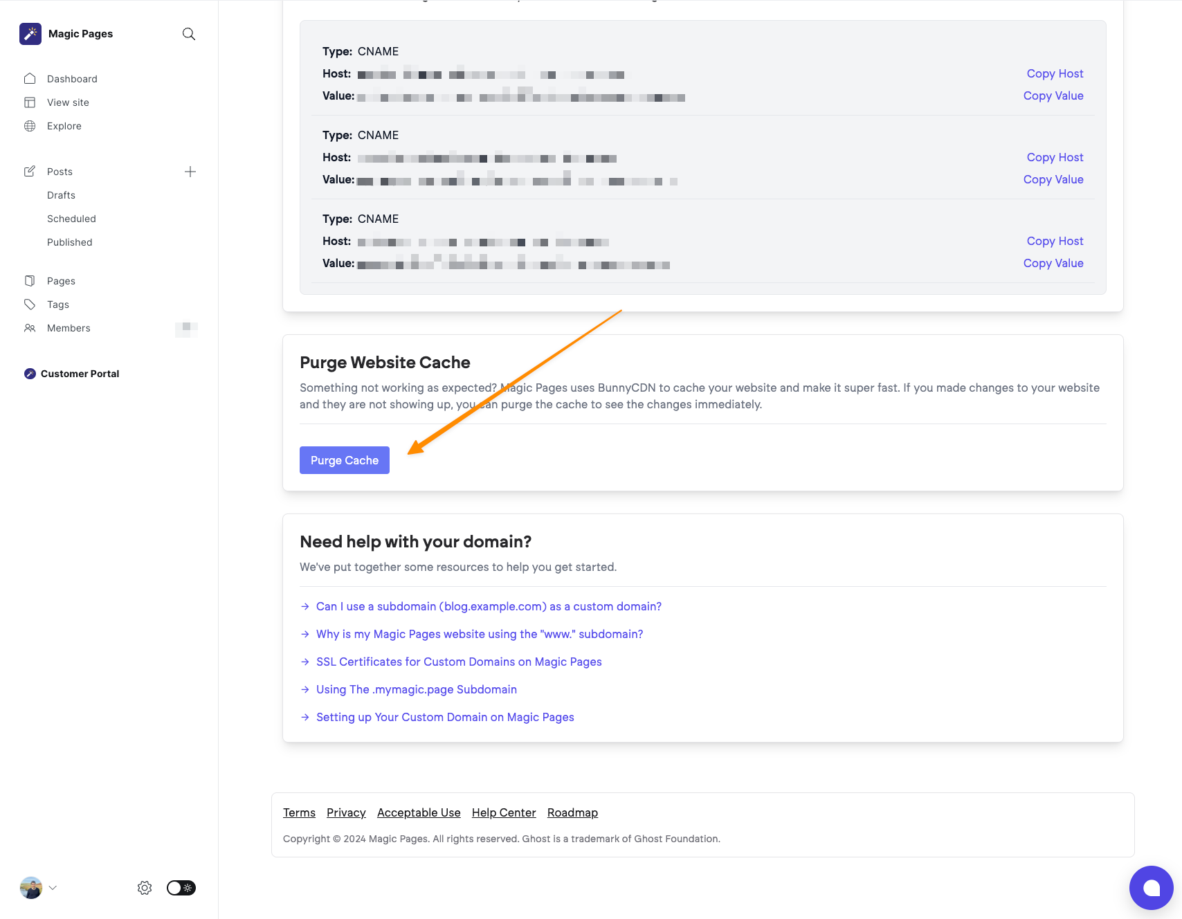 Screenshot of the Magic Pages customer portal with a section called "Purge Website Cache" highlighted