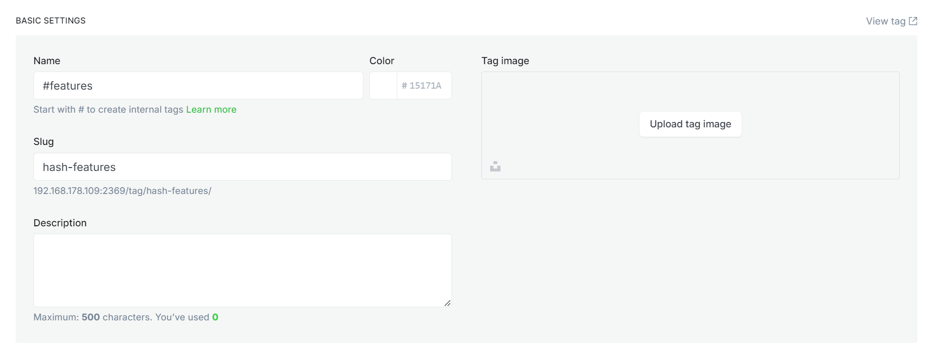 Screenshot of the tag settings of the newly created #features tag. The field Name is filled in with "#features", the field Slug with "slug-features". Description is empty.