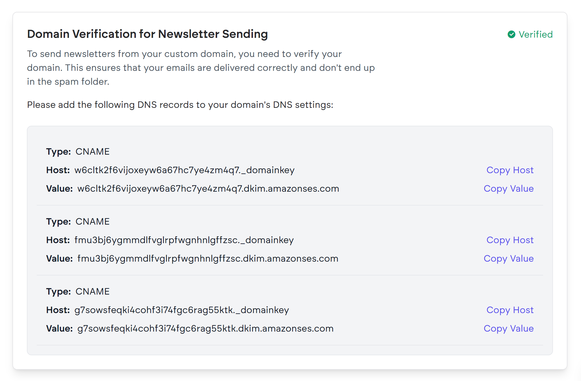 Screenshot of the old CNAME-based implementation of SES email sending on Magic Pages