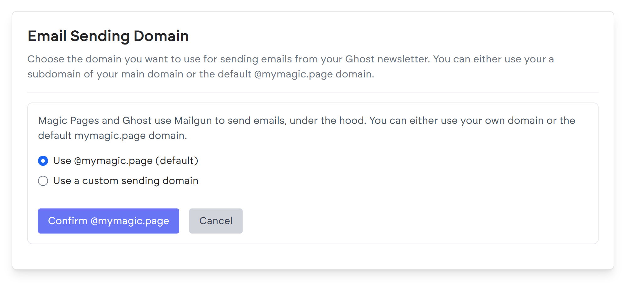 Screenshot of the new email sending domain selection for Mailgun