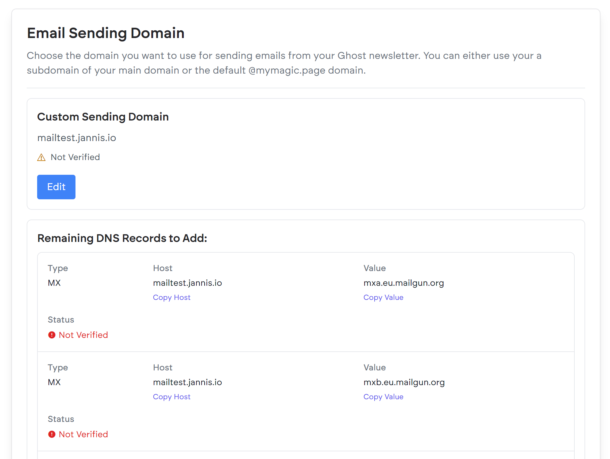 Example of some DNS records necessary for adding a custom sending domain for Mailgun