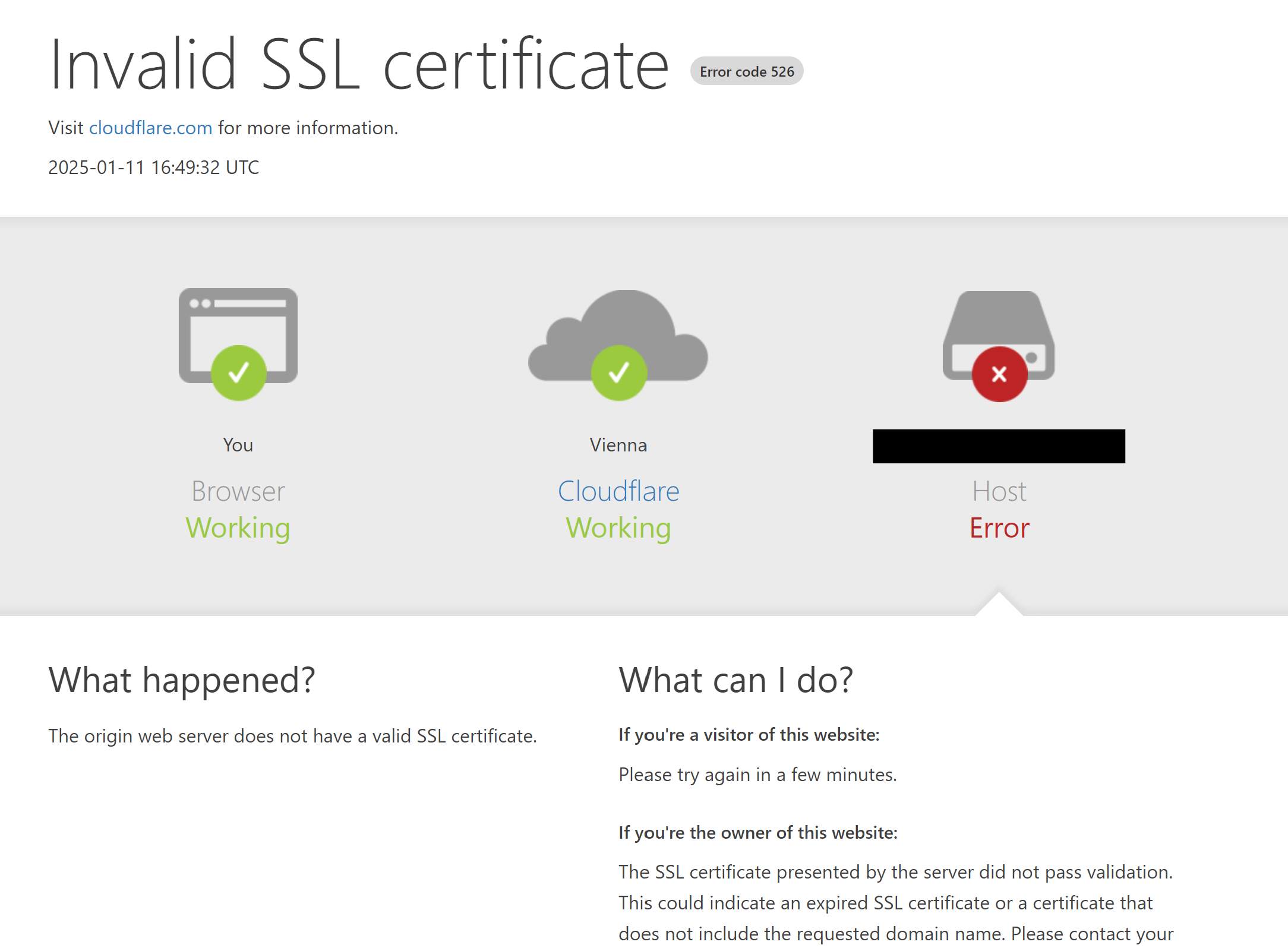 A screen showing a Cloudflare error page, indicating "Invalid SSL certificate"